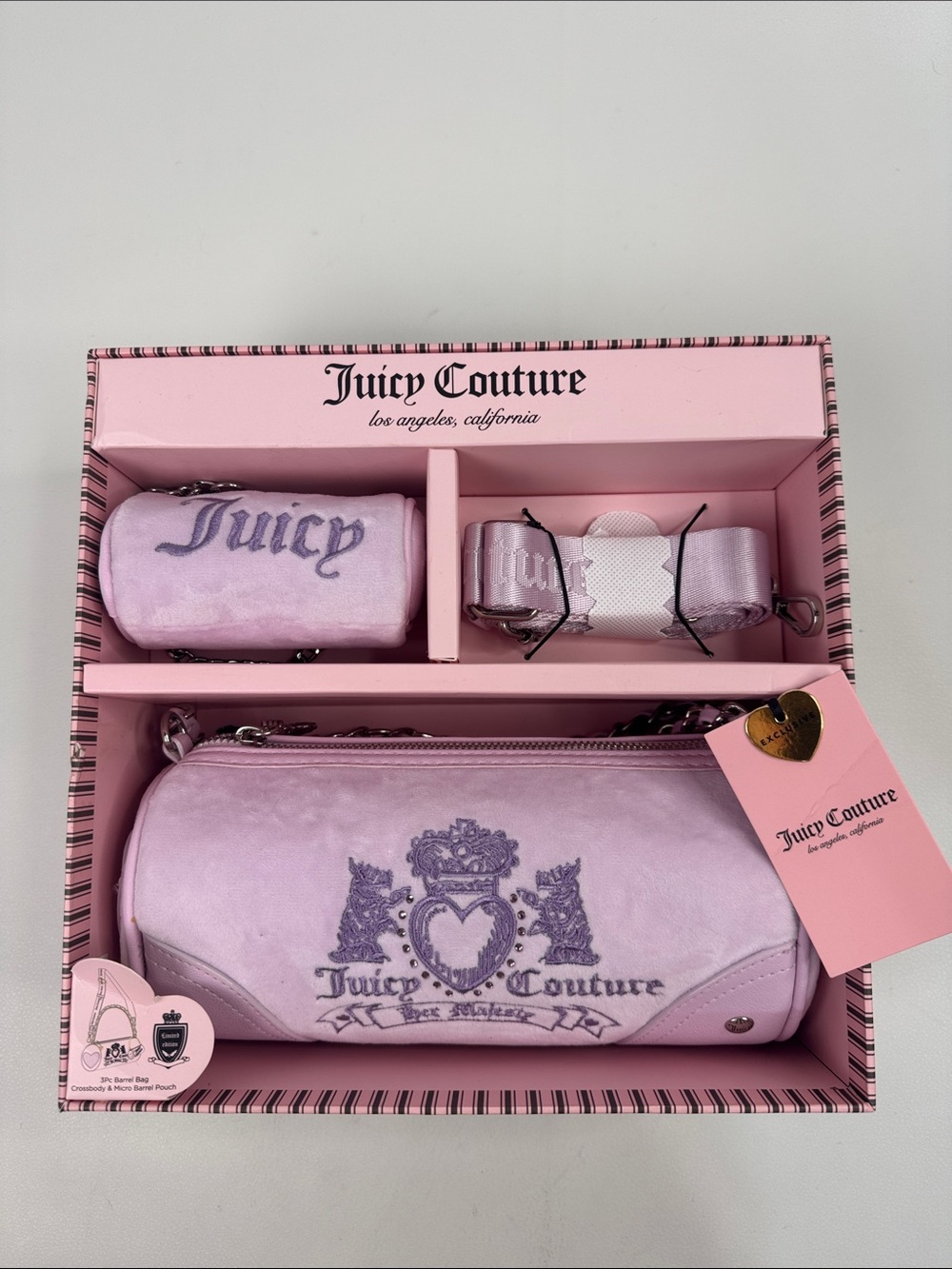 Juicy Couture Lavender Velvet 3Pc Barrel Bag Crossbody & micro chain bag set NWT